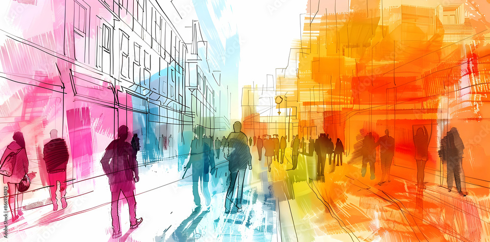 Abstract Cityscape Illustration with People Walking Abstract Cityscape Illustration with People Walking