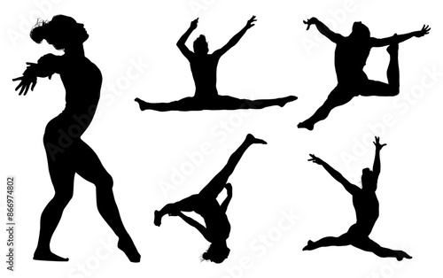 gimnasia, deportes, acrobatas, gimnastas, silueta, vectores