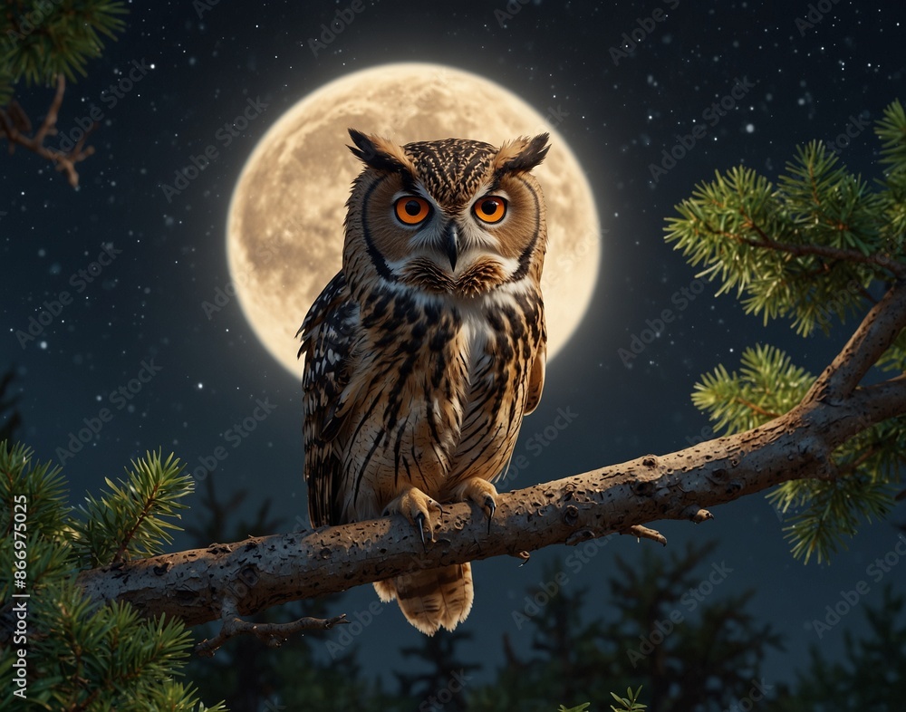 Owl on a tree branch in the light of the full moon Owl on a tree branch in the light of the full moon