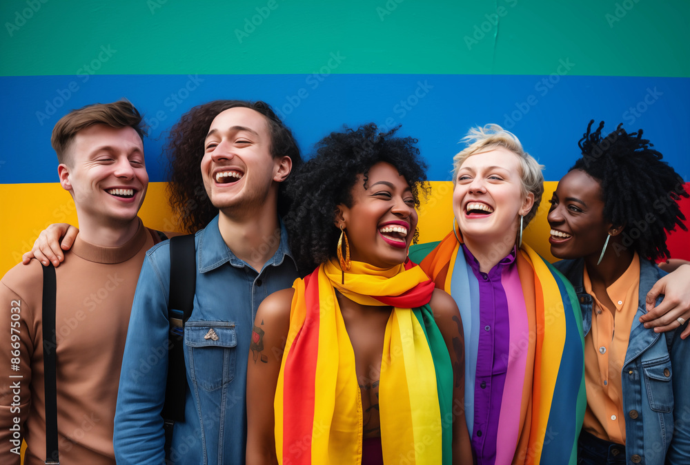 A group of LGBTQ+ friends celebrating pride, dressed in colorful attire and smiling joyfully against a vibrant background A group of LGBTQ+ friends celebrating pride, dressed in colorful attire and smiling joyfully against a vibrant background