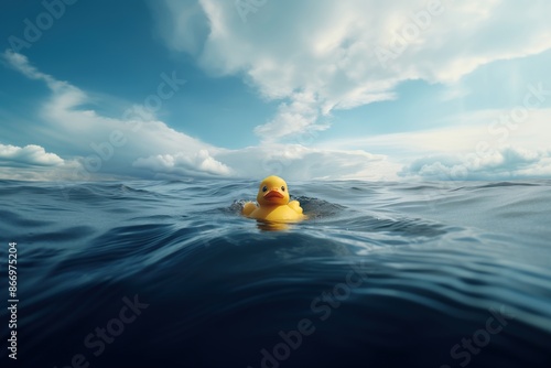 Fototapeta Naklejka Na Ścianę i Meble -  A yellow rubber duck in the middle of the ocean