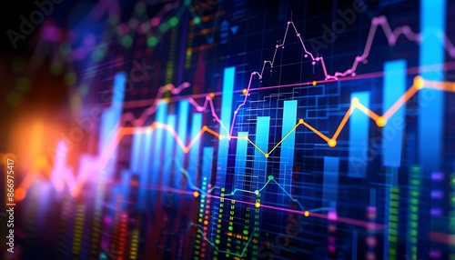 Abstract Financial Data Visualization with Colorful Lines and Charts