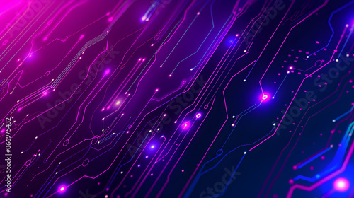 A purple background with neon blue and pink glowing lines, data points, AI chip. Conveying modernity in business presentation designs, social media posts, web layout backgrounds