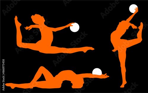 aro, gimnasia, deportes, acrobatas, gimnastas, silueta, vectores, bola. liston