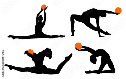 aro, gimnasia, deportes, acrobatas, gimnastas, silueta, vectores, bola. liston