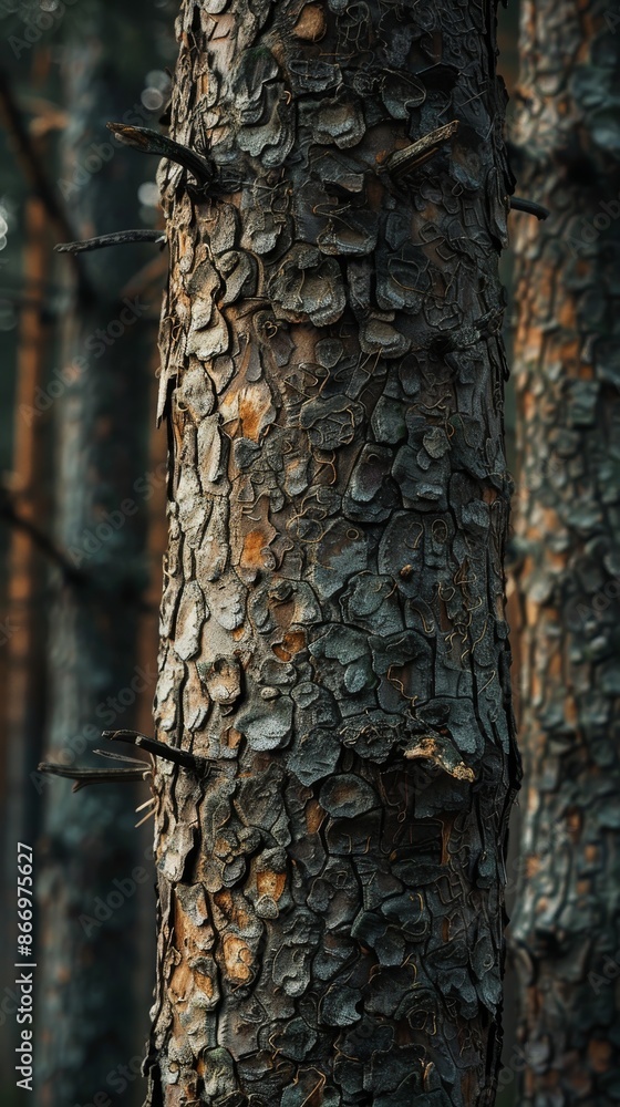 Fototapeta premium Close-up of tree bark in a dense forest, nature texture and pattern concept