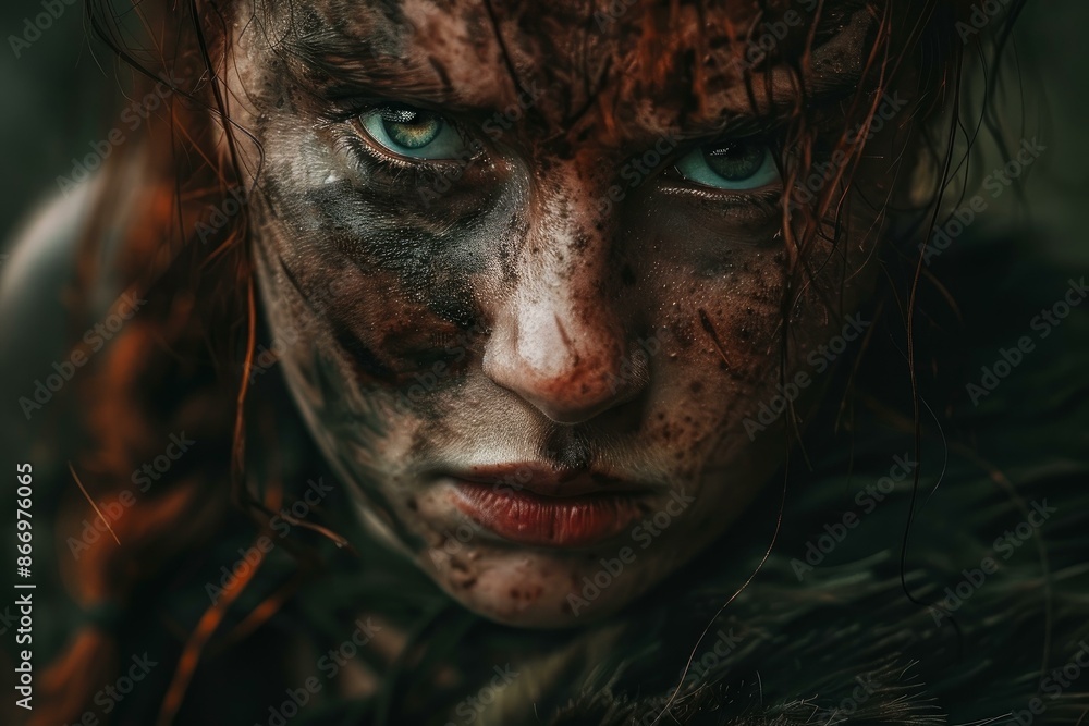 Female warrior showing scars and wounds is starring with a fighting look on her face Female warrior showing scars and wounds is starring with a fighting look on her face