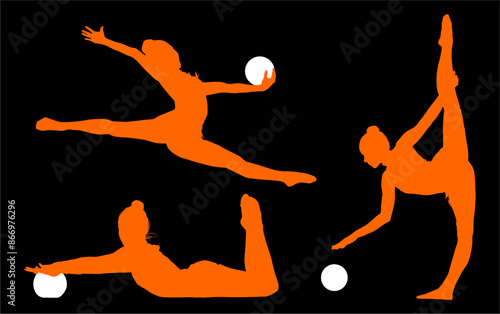 aro, gimnasia, deportes, acrobatas, gimnastas, silueta, vectores, bola. liston