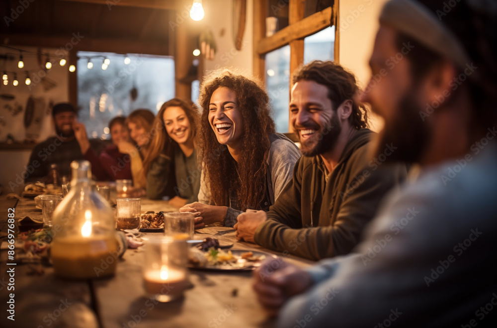 Friends gathered around a table, enjoying a joyful dinner together with laughter and stories in a cozy setting Friends gathered around a table, enjoying a joyful dinner together with laughter and stories in a cozy setting