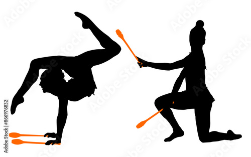 aro, gimnasia, deportes, acrobatas, gimnastas, silueta, vectores, bola. liston