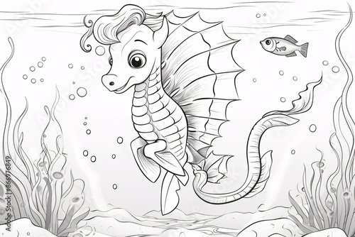 Coloring page for children featuring a smiling seahorse with wings in a playful underwater scene. photo