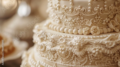 A white cake with a lace design on it. The cake is decorated with pearls and flowers