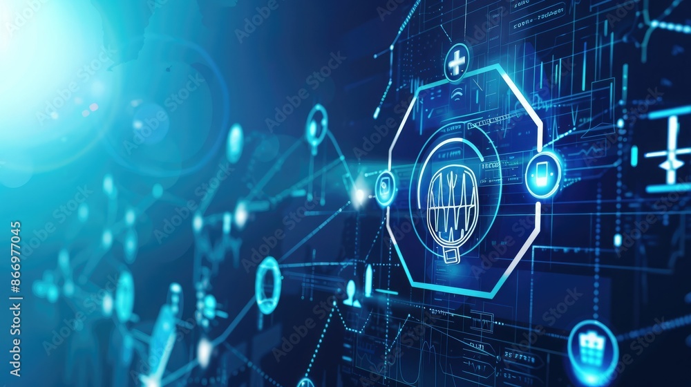 Futuristic digital network concept with glowing icons of security, blockchain, medical, and data processing on blue background.
