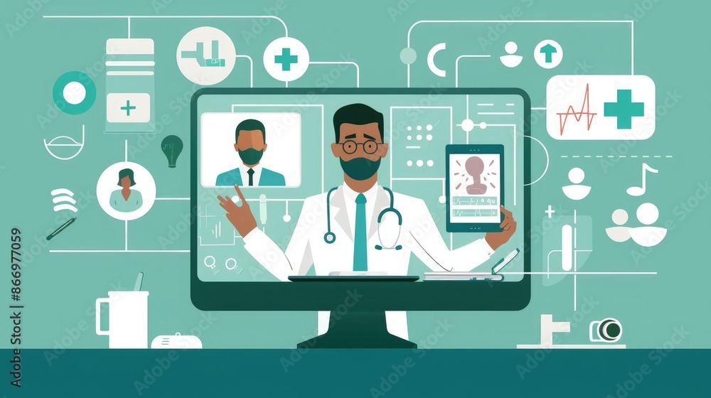 Illustration of a doctor conducting a telemedicine appointment, showcasing digital health technology and virtual healthcare services. Illustration of a doctor conducting a telemedicine appointment, showcasing digital health technology and virtual healthcare services.