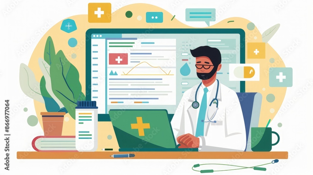 Fototapeta premium Illustration of a doctor working on a laptop, analyzing medical data, with various health icons and a large screen in the background.