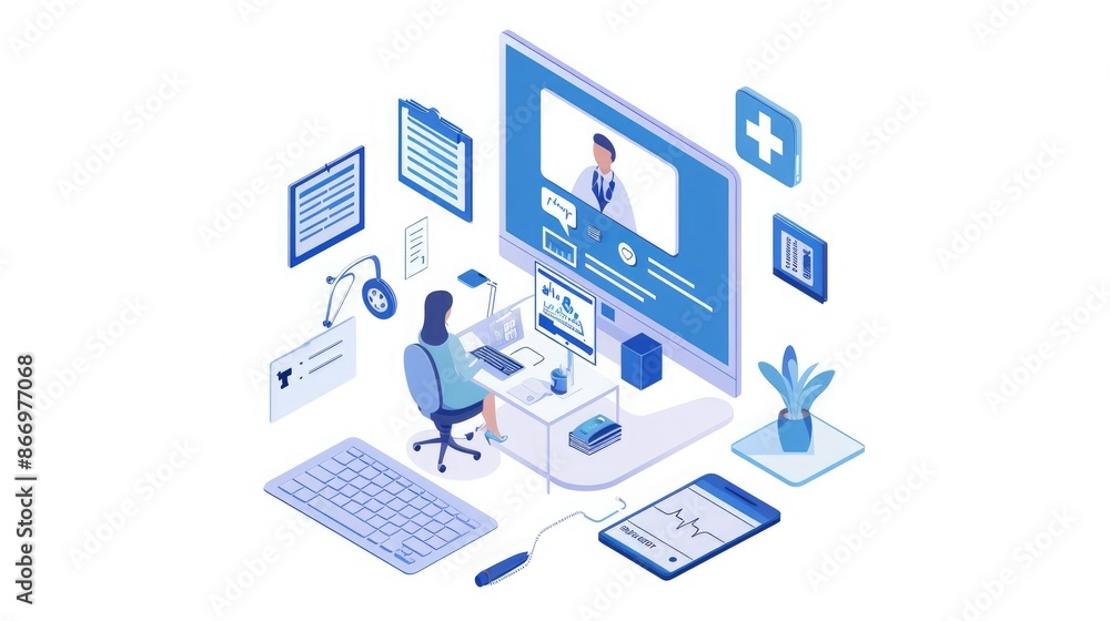 Illustration of a virtual healthcare consultation setup with a doctor on a screen and medical devices around. Illustration of a virtual healthcare consultation setup with a doctor on a screen and medical devices around.