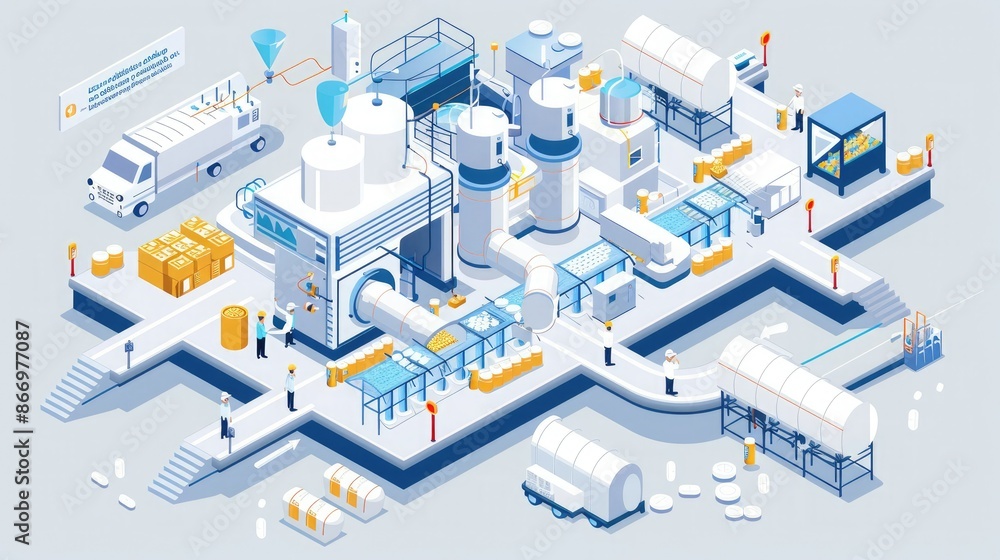 Isometric illustration of an industrial factory with various machinery, storage tanks, and workstations, representing modern manufacturing processes. Isometric illustration of an industrial factory with various machinery, storage tanks, and workstations, representing modern manufacturing processes.