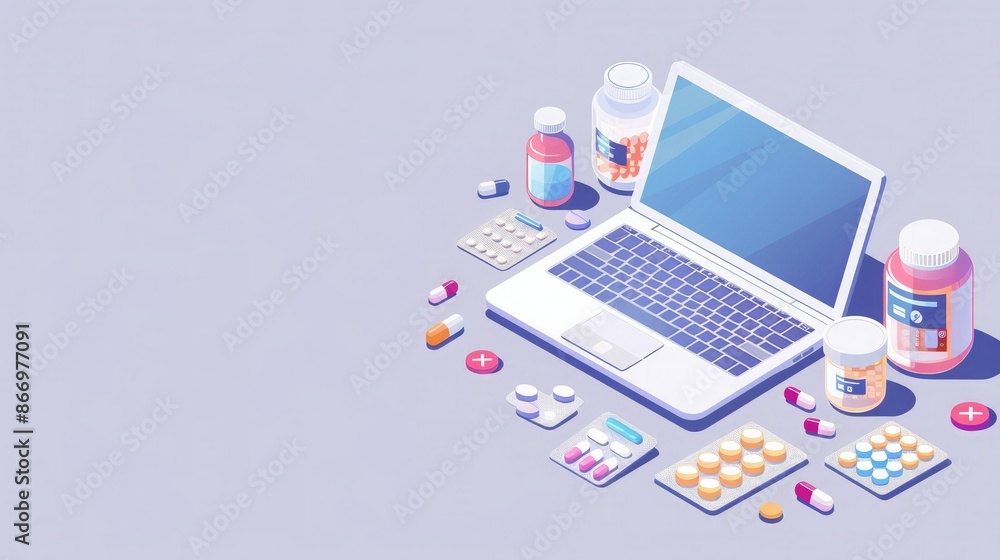 Medical concept with a laptop and various medications, pills, and supplements on a light background. Online healthcare and pharmacy theme. Medical concept with a laptop and various medications, pills, and supplements on a light background. Online healthcare and pharmacy theme.