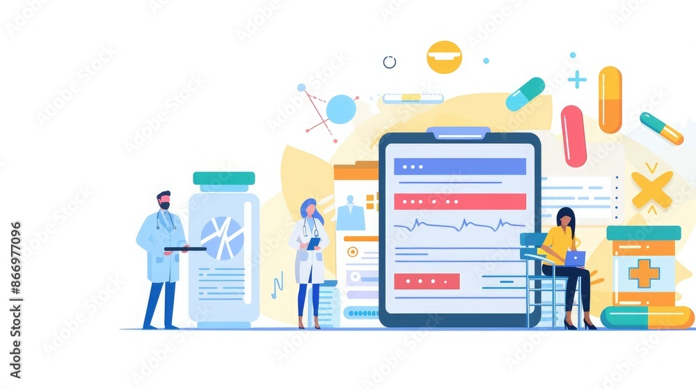 Medical professionals and researchers collaborating with digital healthcare data and medical instruments illustration. Medical professionals and researchers collaborating with digital healthcare data and medical instruments illustration.