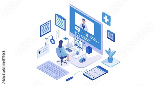 Illustration of a virtual healthcare consultation setup with a doctor on a screen and medical devices around. © WACHI