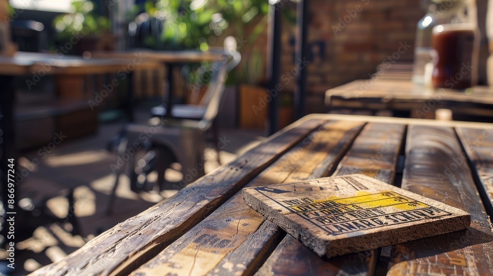 Rustic wooden table with artistic tile on sunlit balcony Rustic wooden table with artistic tile on sunlit balcony