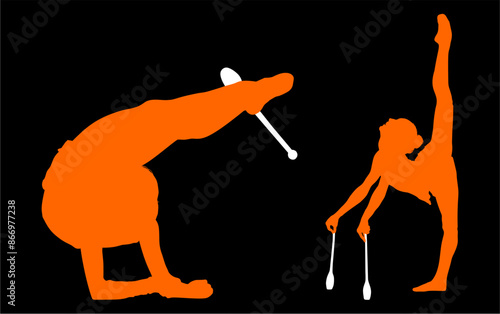 aro, gimnasia, deportes, acrobatas, gimnastas, silueta, vectores, bola. liston