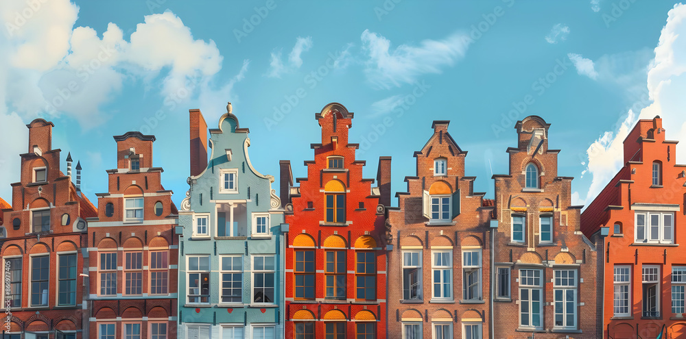 Fototapeta premium Colorful Dutch Houses Illustration with Blue Sky Background