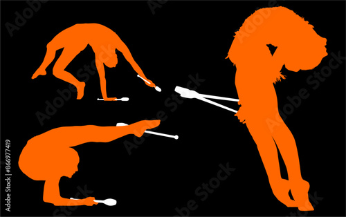aro, gimnasia, deportes, acrobatas, gimnastas, silueta, vectores, bola. liston
