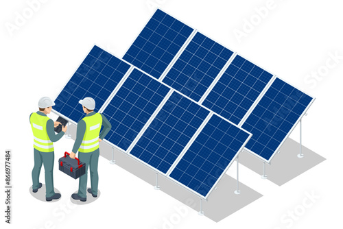 Isometric Solar energy, Photovoltaic panels, PV system, Photovoltaics, Solar modules, Solar field technician is examining the efficiency of a solar panel array.