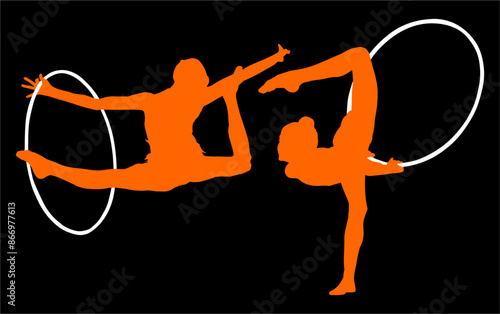 aro, gimnasia, deportes, acrobatas, gimnastas, silueta, vectores, bola. liston