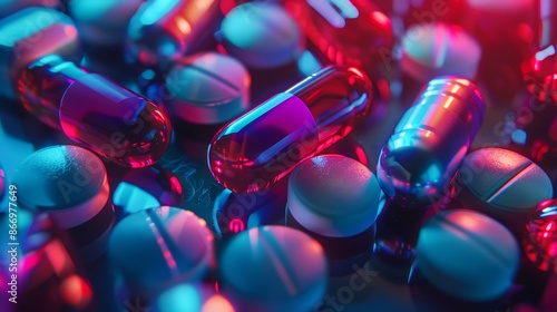 Assorted pills and capsules in various colors on a reflective surface © Kharkovich