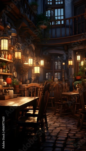 Cafe in the old city at night. 3d rendering.
