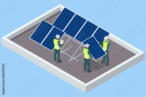 Isometric Solar energy, Photovoltaic panels, PV system, Photovoltaics, Solar modules, Solar field technician is examining the efficiency of a solar panel array. Energy efficiency, Microgrid,