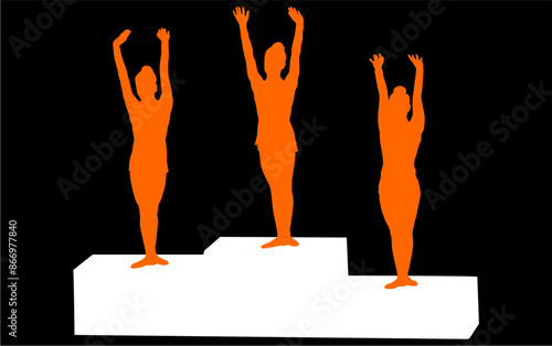podium, ganadores, medallas, aro, gimnasia, deportes, acrobatas, gimnastas, silueta, vectores, bola. liston