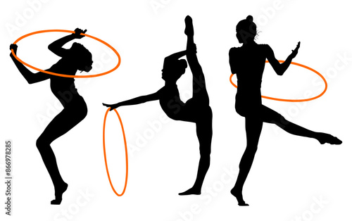 aro, gimnasia, deportes, acrobatas, gimnastas, silueta, vectores, bola. liston