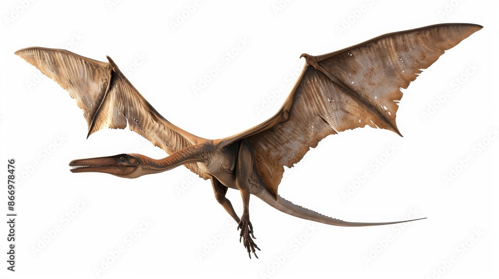 Fototapeta premium Pterosaur in flight, isolated on white background. Prehistoric flying reptile concept