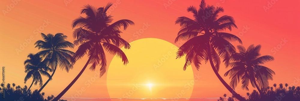 Obraz premium Vibrant sunset over a tropical beach with palm trees silhouetted against the bright sky. Generative AI