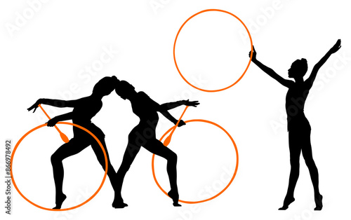 aro, gimnasia, deportes, acrobatas, gimnastas, silueta, vectores, bola. liston