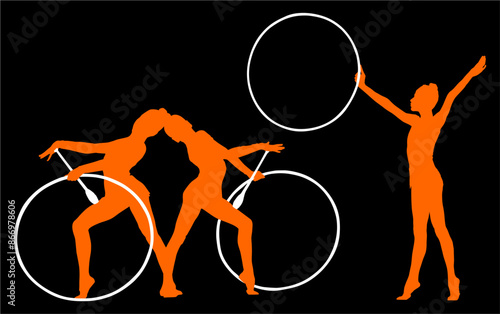 aro, gimnasia, deportes, acrobatas, gimnastas, silueta, vectores, bola. liston