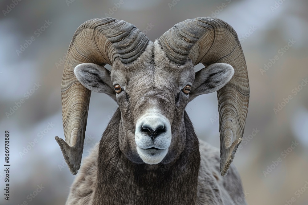 Closeup portrait of a majestic bighorn sheep ram looking up Closeup portrait of a majestic bighorn sheep ram looking up