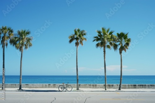 Fototapeta Naklejka Na Ścianę i Meble -  Vintage bicycle is parked on an empty street facing a tranquil ocean with palm trees and a blue sky