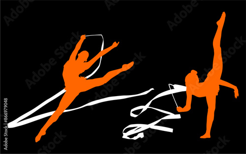 aro, gimnasia, deportes, acrobatas, gimnastas, silueta, vectores, bola. liston