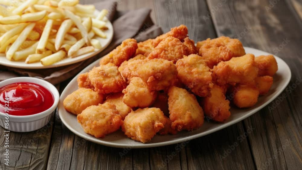 Delicious Plate of Chicken Nuggets and French Fries on a Wooden Table Shot From Above Delicious Plate of Chicken Nuggets and French Fries on a Wooden Table Shot From Above