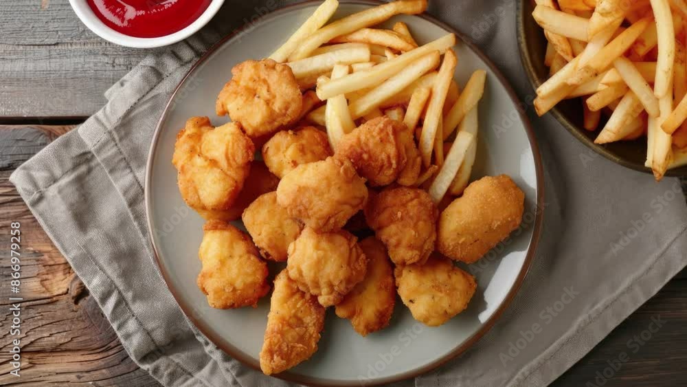 Delicious Plate of Chicken Nuggets and French Fries on a Wooden Table Shot From Above Delicious Plate of Chicken Nuggets and French Fries on a Wooden Table Shot From Above