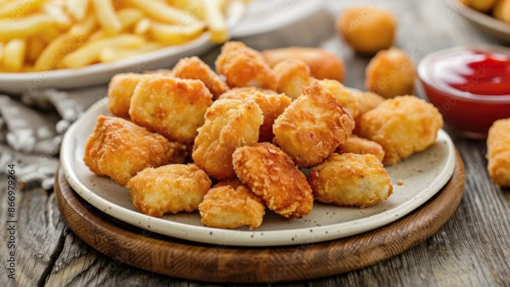 Delicious Plate of Chicken Nuggets and French Fries on a Wooden Table Delicious Plate of Chicken Nuggets and French Fries on a Wooden Table