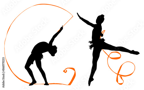 aro, gimnasia, deportes, acrobatas, gimnastas, silueta, vectores, bola. liston