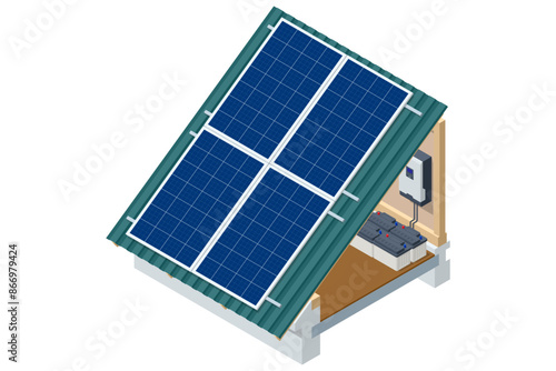 Isometric Rooftop solar panels, Stand-alone system, Hybrid system, Electricity, Solar thermal energy, Concept of alternative and renewable energy.