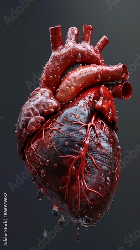 Realistic 3D rendering of a human heart with blood vessels, medical illustration concept