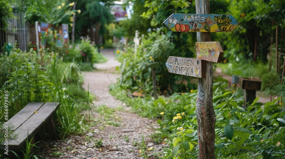 Vibrant vegetable garden pathway with colorful signs and lush greenery Vibrant vegetable garden pathway with colorful signs and lush greenery