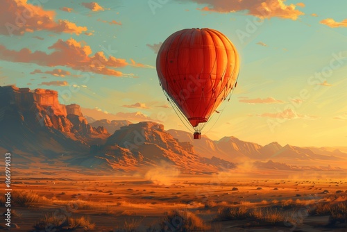 Hot Air Balloon Drifting Over Golden Desert Illustration © mattegg